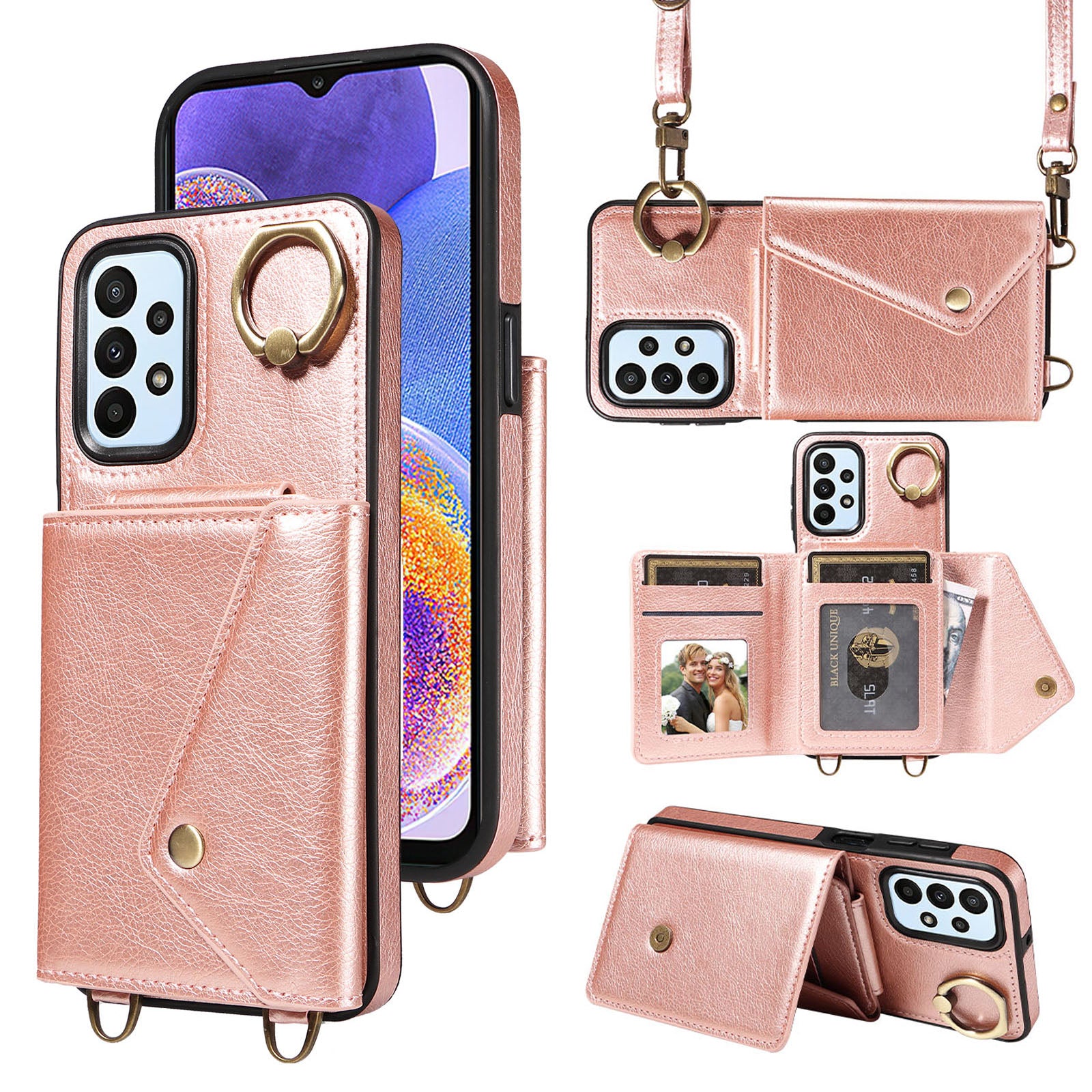 002 For Samsung Galaxy A23 4G A23 5G (Global Version) Back Cover Card Bag Ring Kickstand Litchi Texture Leather Coated TPU Phone Case with Shoulder Strap 002 For Samsung Galaxy A23 4G A23 5G (Global Version) Back Cover Card Bag Ring Kickstand Litchi Texture Leather Coated TPU Phone Case with Shoulder Strap